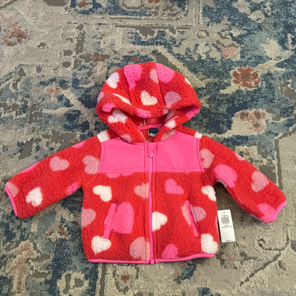 Old Navy Red and Pink Heart Fleece Hoodie Jacket- 3-6 Mo NWT